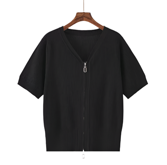 Trendy Double Zipper Short Sleeve Thin Ice Silk Women's Top Blouse  - B6-TOP-B611