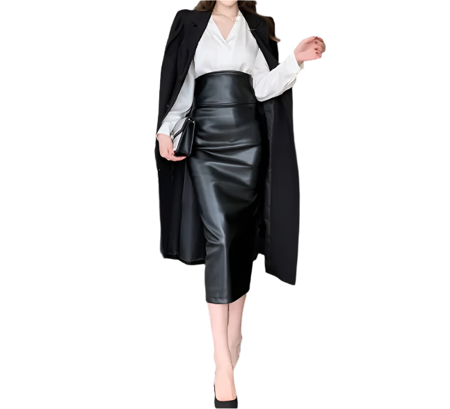 Trendy High Waist PU Leather Ladies Pencil Skirt for Women - B4-SKT-22