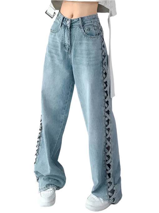 Trendy High Waist Hollow Out Criss-Cross Pattern Women's Jeans -B6-JP-623