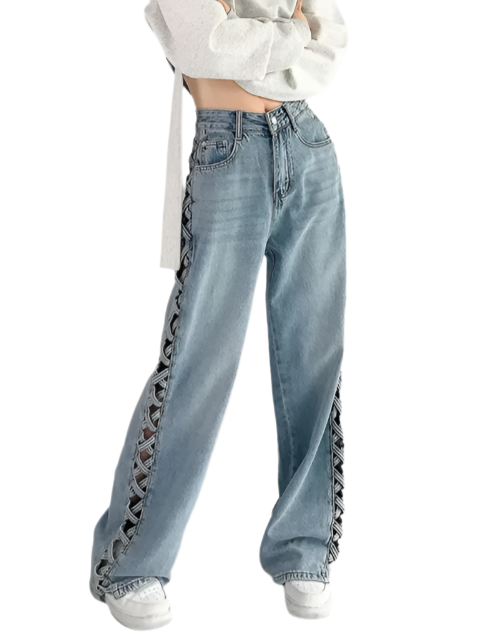 Trendy High Waist Hollow Out Criss-Cross Pattern Women's Jeans -B6-JP-623
