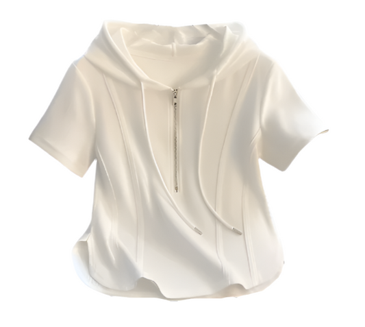 Trendy Zipped Hooded Short Sleeve Tops for Women- B6-TOP-B667