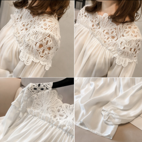Trendy Lace Shoulder Long Puff Sleeve Blouse for Women -B1-TOP-BL406