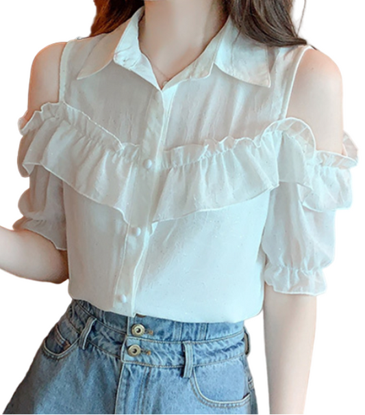 Trendy Off Shoulder Puff Short Sleeve Ruffled Blouse for Women - B1-TOP-BL403