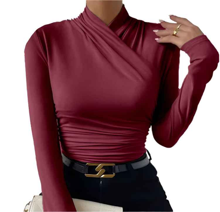 Trendy Pleated Crossing Collar Long Sleeve Slim-fit Woman's Shirt TOP-B1-BL-234