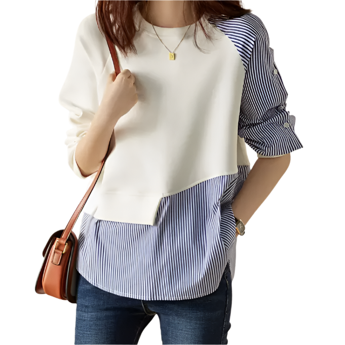 Round Neck Irregular Striped Patchwork Two-tone Cotton Shirt Hoodies - B6-TOP-B672