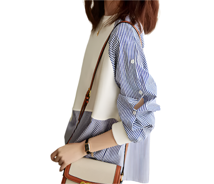 Round Neck Irregular Striped Patchwork Two-tone Cotton Shirt Hoodies - B6-TOP-B672