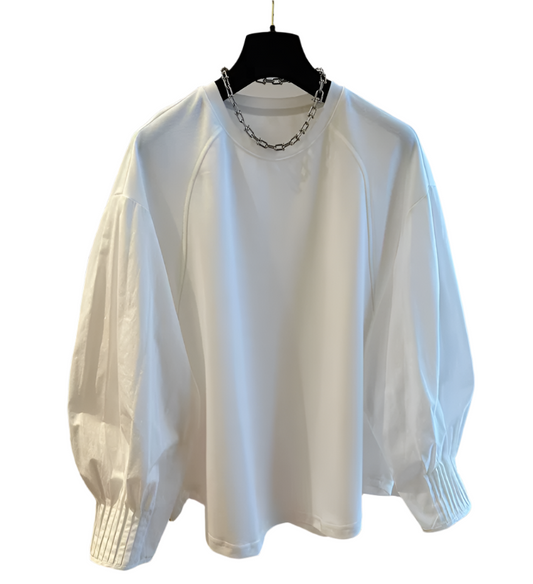 Trendy Round Neck Patchwork Loose Fit Long Sleeved Women's T-shirt -B6-TOP-B640