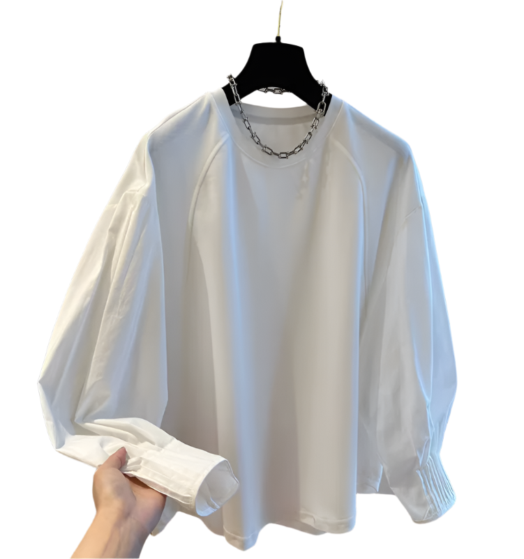 Trendy Round Neck Patchwork Loose Fit Long Sleeved Women's T-shirt -B6-TOP-B640