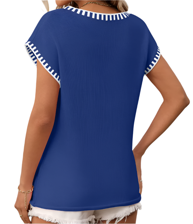 Trendy Short-Sleeved V-Neck Thin Knitted Pullover Woman's Shirt TOP-B1-BL-239