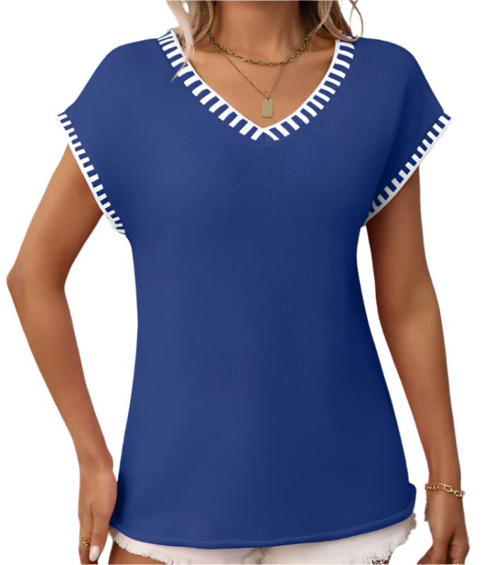 Trendy Short-Sleeved V-Neck Thin Knitted Pullover Woman's Shirt TOP-B1-BL-239