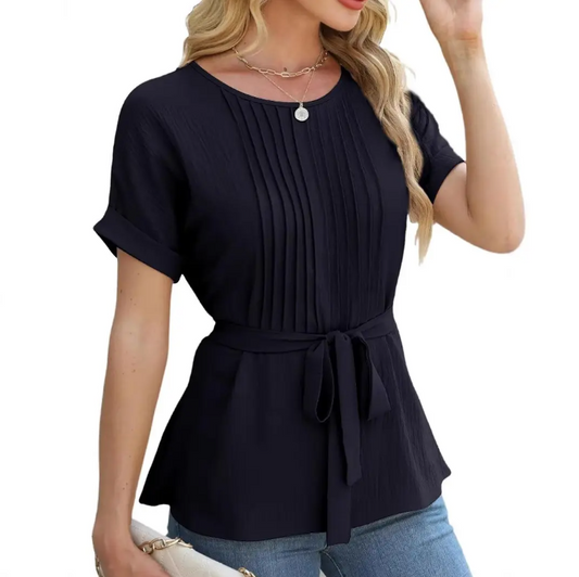 Trendy Short-sleeve Pleated Neck Front Waist Belt Blouse for Women-TOP-B1-BL-237