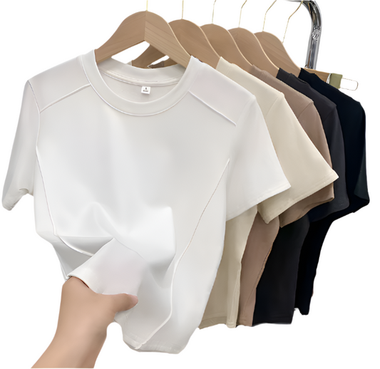 Solid Color Round-neck Short Sleeved T-shirt For Women  - SM8-TOP-39