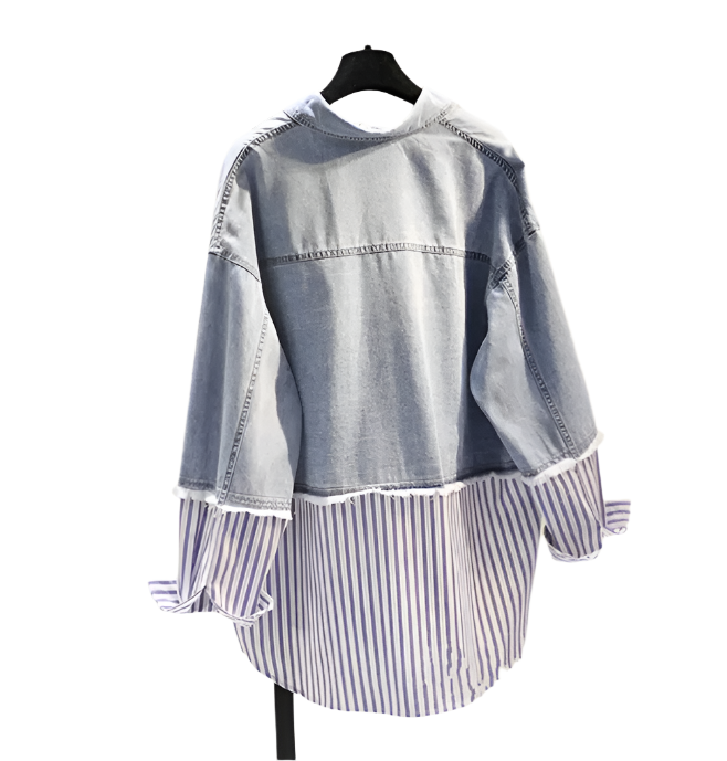 Trendy Striped Flip Collar Loose Fit Denim Spliced Women's Shirts -B6-TOP-B691