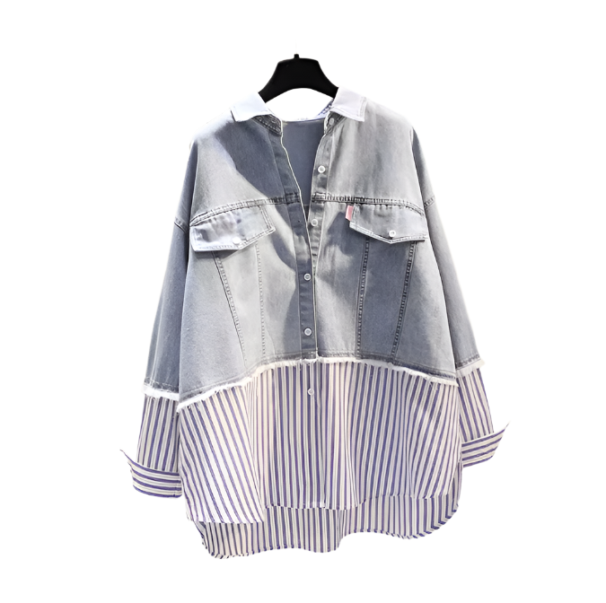Trendy Striped Flip Collar Loose Fit Denim Spliced Women's Shirts -B6-TOP-B691