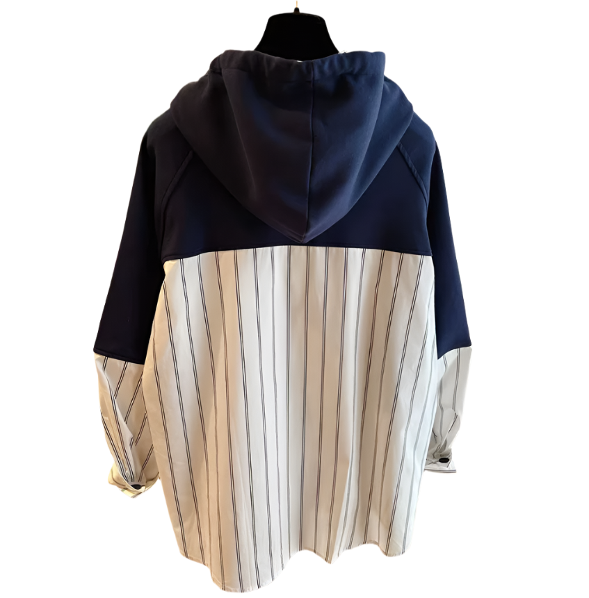 Trendy Striped Hooded Sweater Loose Fit  Two-Tone Women's Shirts - B6-TOP-B696