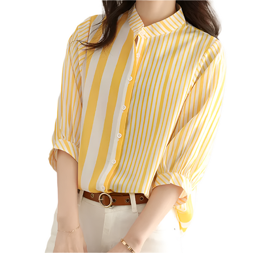 Trendy  Striped Stand Up Collar Versatile Loose Fit Women's Shirts - B6-TOP-B678