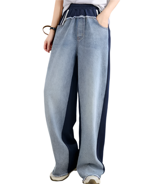 Trendy Two-Tone High Waist Wide Leg Women's Jogger Jeans -B6-JP-618