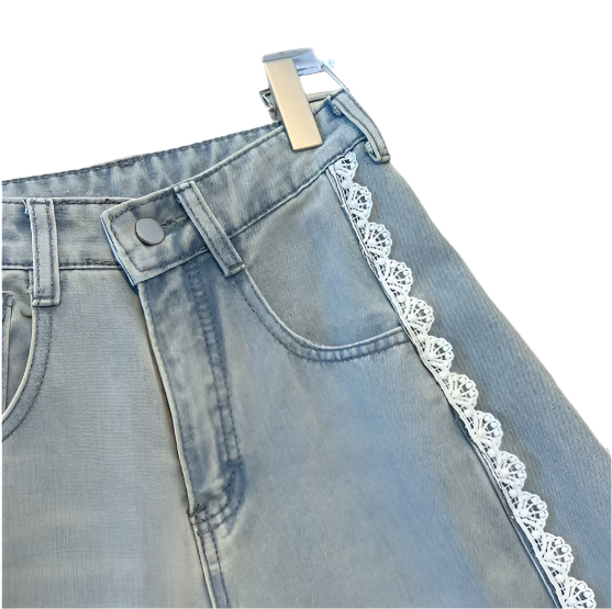 Trendy & Elegant Lace Striped High Waist Straight Leg Women's Jeans -B6-JP-633