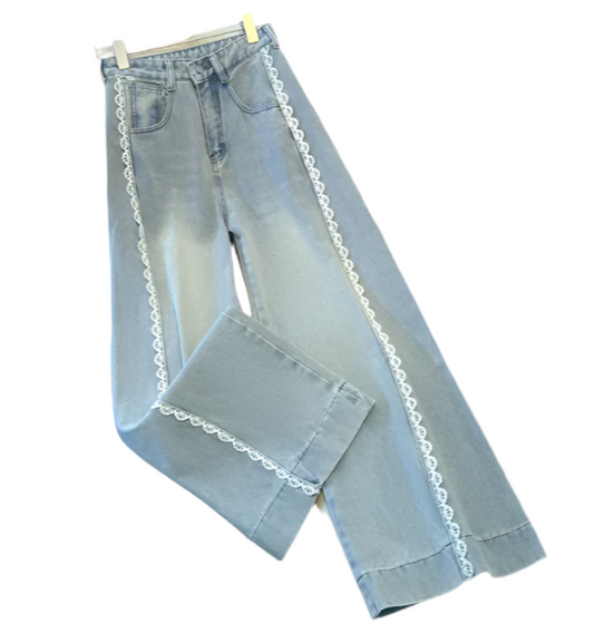 Trendy & Elegant Lace Striped High Waist Straight Leg Women's Jeans -B6-JP-633