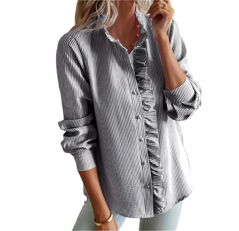 Trendy & Elegant Cardigan Ruffled Stand Collar Shirt for Women TOP-B1-BL-250