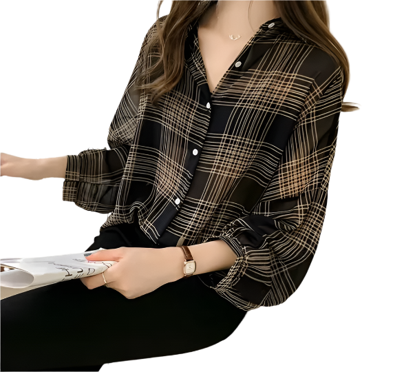Trendy & Timeless Chiffon Plaid Puff Sleeve Shirt -TOP-B1-BL-279