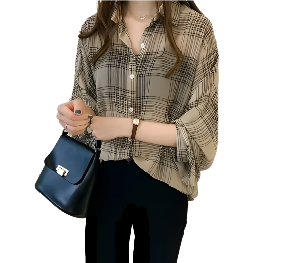 Trendy & Timeless Chiffon Plaid Puff Sleeve Shirt -TOP-B1-BL-279