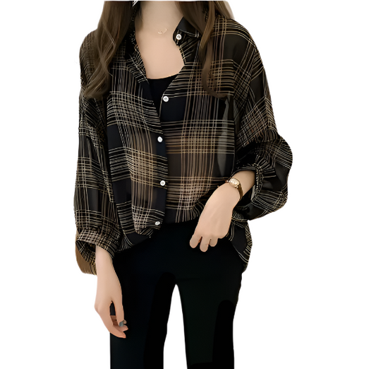Trendy & Timeless Chiffon Plaid Puff Sleeve Shirt -TOP-B1-BL-279