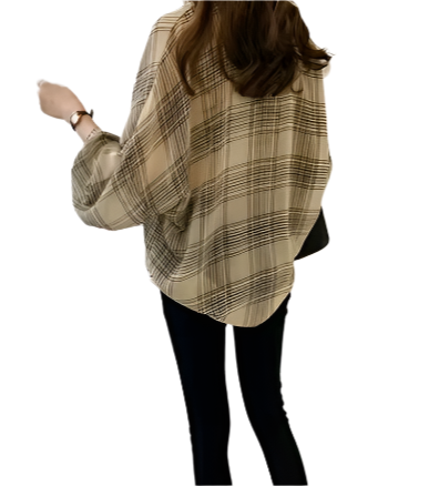 Trendy & Timeless Chiffon Plaid Puff Sleeve Shirt -TOP-B1-BL-279