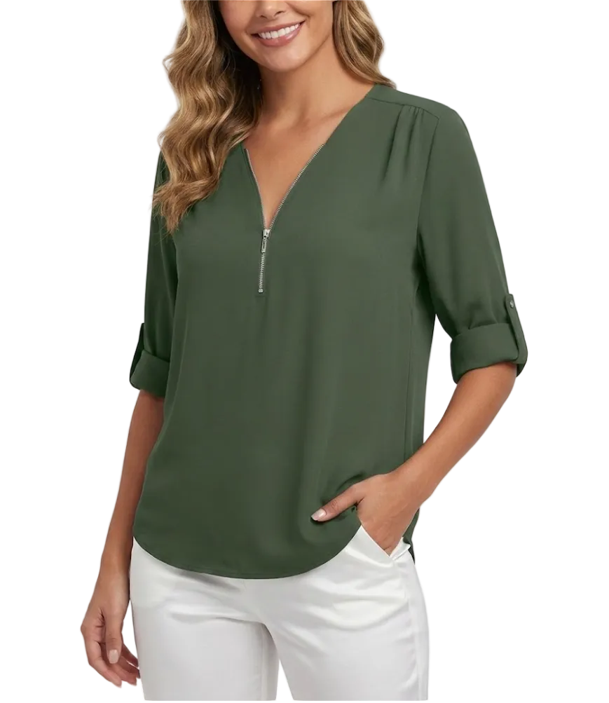 BPARAS- Trendy & Timeless Women's Elegant Zip-UP V-neck SHIRT-BL100