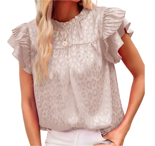 Trendy & Versatile Leopard Self-Print Ruffle Sleeve Wave Neck Blouse TOP-B1-BL-246