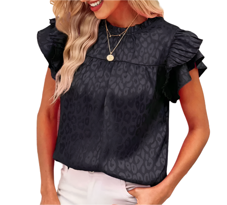 Trendy & Versatile Leopard Self-Print Ruffle Sleeve Wave Neck Blouse TOP-B1-BL-246