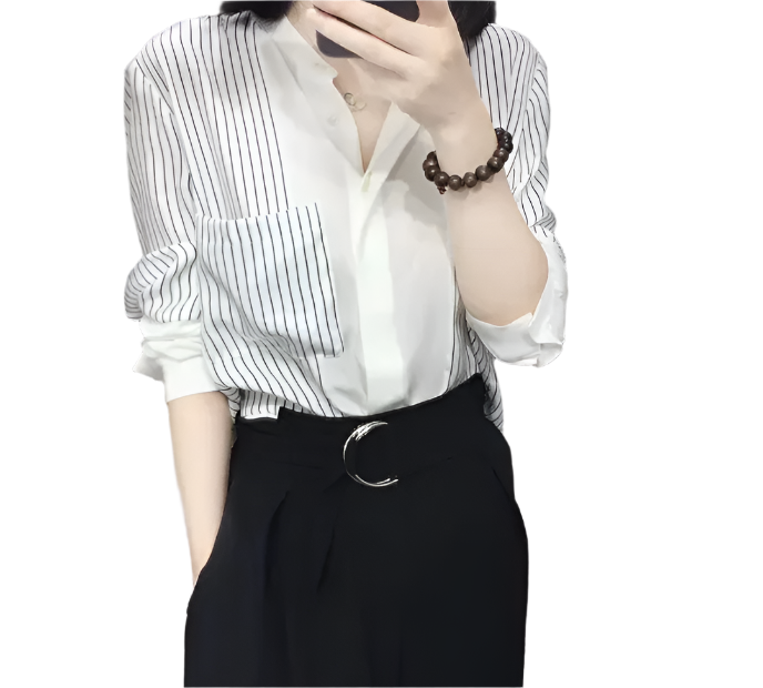 Trendy Chiffon Striped V-neck Long Sleeved Versatile Women's Shirt - B6-TOP-B680