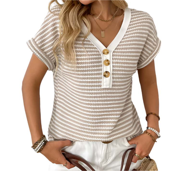 Trendy & Timeless V-neck Button Striped Top for Women - TOP-B1-BL-130