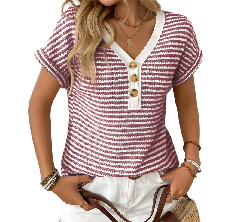 Trendy & Timeless V-neck Button Striped Top for Women - TOP-B1-BL-130