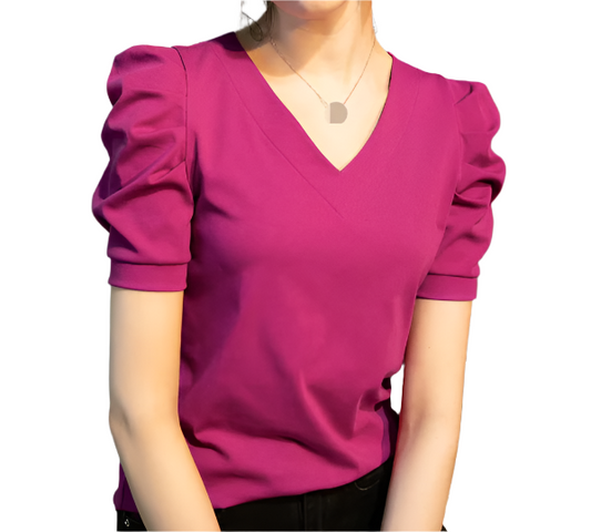 Women' Cotton Pleated Puff Sleeve V-neck SHIRT-BL106