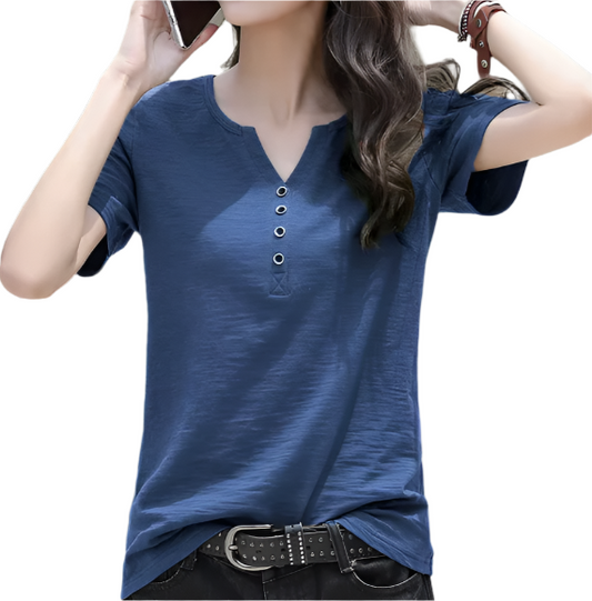 Women’s Cotton Short Sleeve V-neck Button SHIRT-BL141