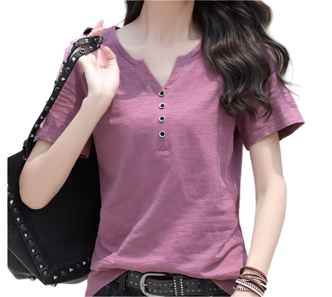 Women’s Cotton Short Sleeve V-neck Button SHIRT-BL141