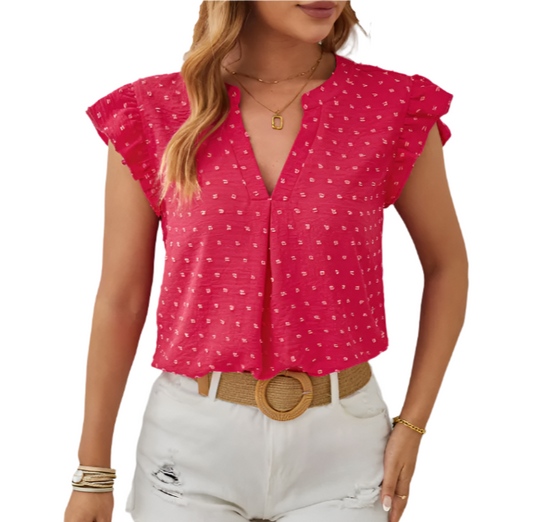 Women's Classy V-neck Woven Short Sleeve Top SHIRT-BL123
