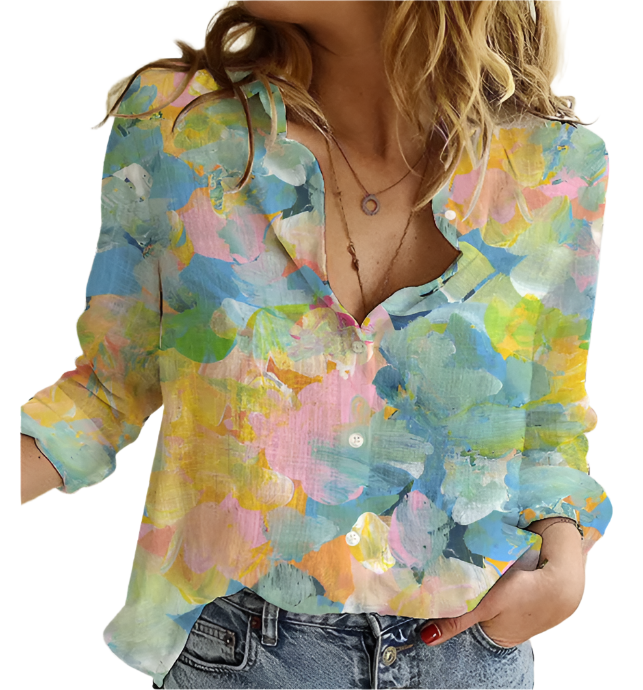 Women's Cotton Turn-down Collar Button Floral Print SHIRT-BL119
