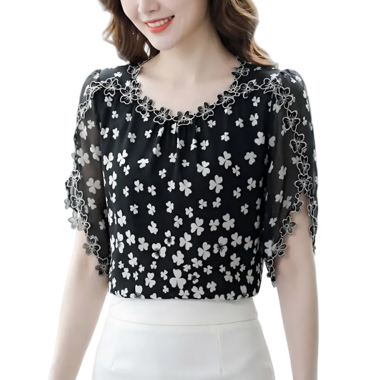 BPARAS- Women's Elegant Floral Chiffon Ruffled Neck & Ruffle Sleeves SHIRT-BL101