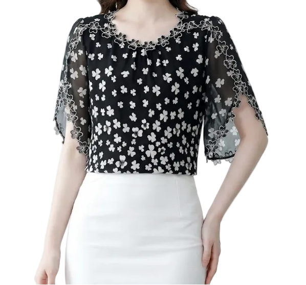 BPARAS- Women's Elegant Floral Chiffon Ruffled Neck & Ruffle Sleeves SHIRT-BL101