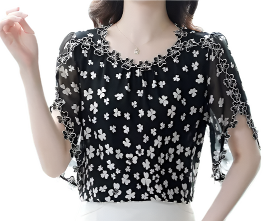 BPARAS- Women's Elegant Floral Chiffon Ruffled Neck & Ruffle Sleeves SHIRT-BL101