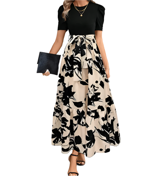 Trendy & Elegant O-neck Short Sleeve Long Skirt Dress for Women- DRESS-B116