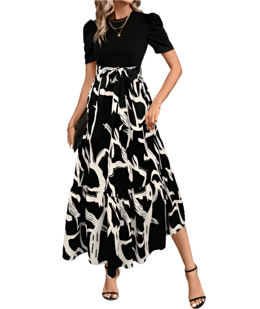 Trendy & Elegant O-neck Short Sleeve Long Skirt Dress for Women- DRESS-B114