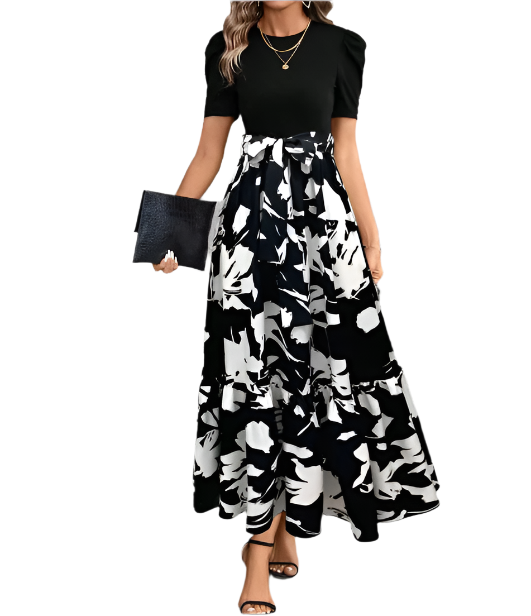 Trendy & Elegant O-neck Short Sleeve Long Skirt Dress for Women- DRESS-B116