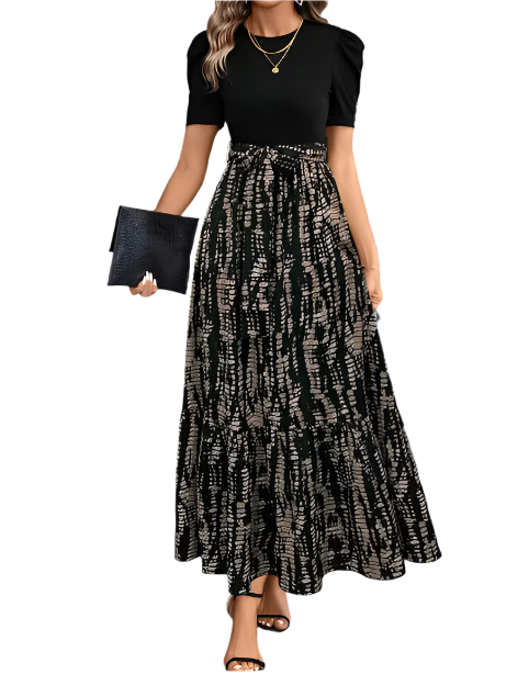 Elegant O-neck Short Sleeve Long Skirt Dress for Women- DRESS-B117