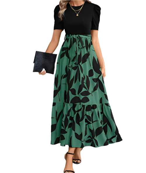 Trendy & Elegant O-neck Short Sleeve Long Skirt Dress for Women- DRESS-B114