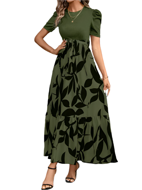 Trendy & Elegant O-neck Short Sleeve Long Skirt Dress for Women- DRESS-B114