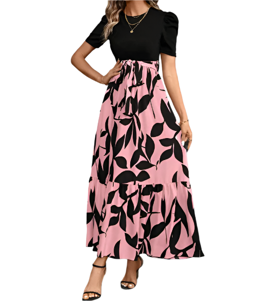 Trendy & Elegant O-neck Short Sleeve Long Skirt Dress for Women- DRESS-B114