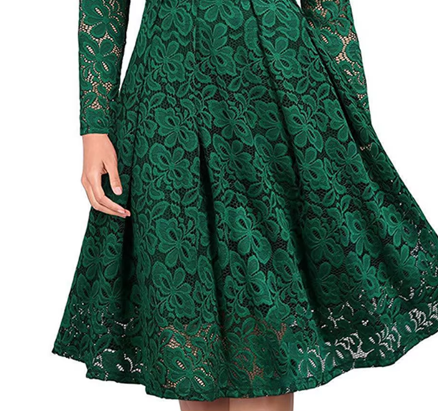 Women’s Elegant V-neck Lace with Lining Long Sleeve Party DRESS-B110